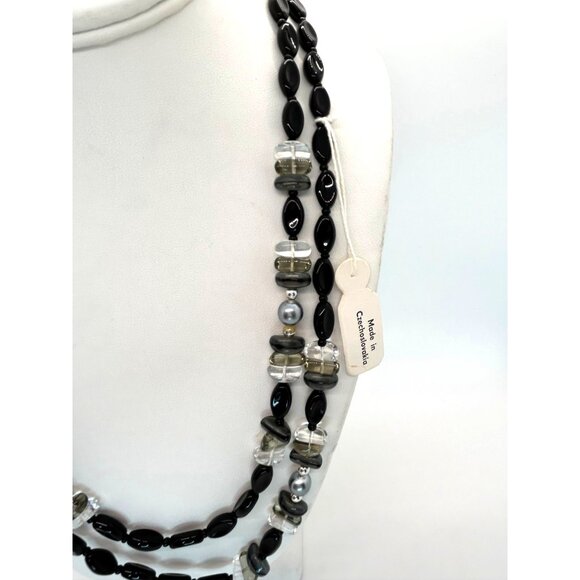 Vintage Czech Glass Beaded Necklace Black Smokey Gray & Clear With Tag - Picture 8 of 11